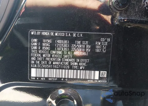 2019 Honda Hr-V Sport z USA, uszkodzony, nr VIN 3CZRU5H11KG711026